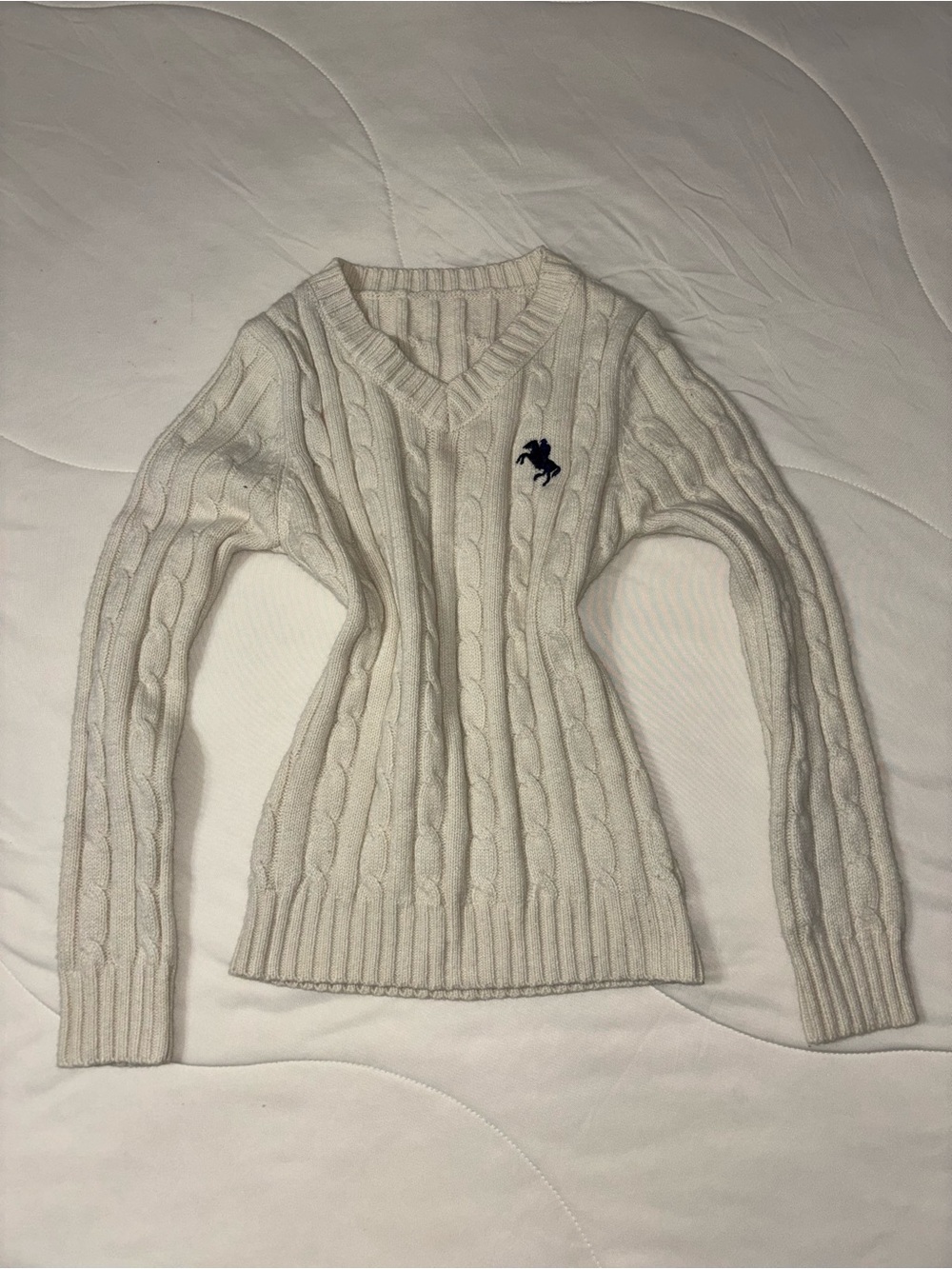 SHEIN Cream Cable Knit V-Neck Sweater with Navy Embroidered Logo